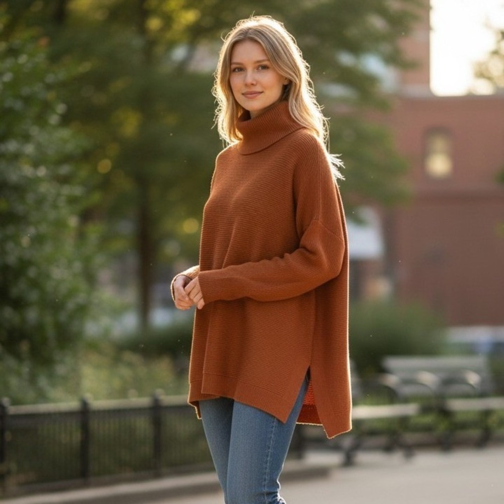 Anrabess Women Oversized Turtleneck Sweater Rust Orange Ribbed High-Low Medium